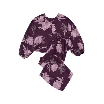 Pijama dama  Fleur - floral - violet - viscoza - maneca lunga - pantaloni lungi