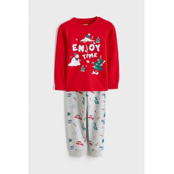 Pijama de bumbac cu imprimeu si tematica de Craciun - Rosu/Verde/Gri deschis