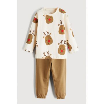 Pijama de bumbac cu pantaloni lungi si imprimeu - Rosu/Alb/Caramel