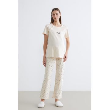 Pijama de bumbac pentru gravide - Crem