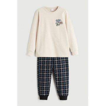Pijama din amestec de bumbac si pantaloni lungi - Bej melange/Bleumarin