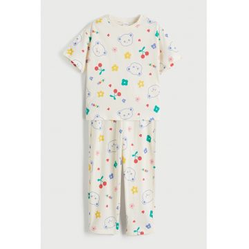 Pijama din bumbac cu design grafic - Verde/Alb fildes/Galben