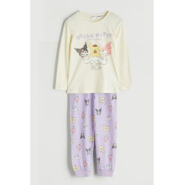 Pijama din bumbac cu imprimeu Hello Kitty - Galben pai/Lila/Roz