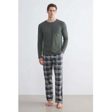 Pijama din bumbac cu model in carouri - Albastru deschis/Verde feriga