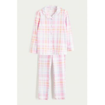 Pijama din bumbac cu model in carouri - Albastru pastel/Roz pastel/Alb optic