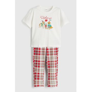 Pijama din bumbac cu model - Rosu/Alb murdar/Galben mustar