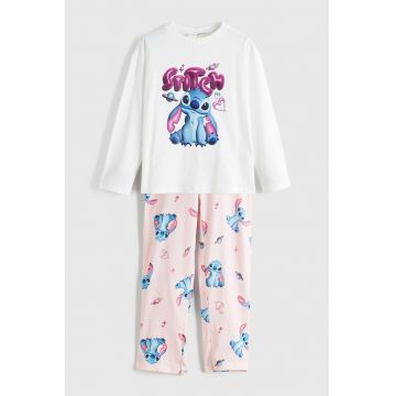 Pijama din bumbac cu model Stitch - Alb/Roz pal/Albastru deschis