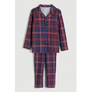 Pijama din bumbac cu nasturi si model in carouri - Albastru inchis/Rosu inchis