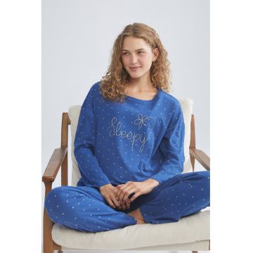 Pijama din bumbac cu text brodat - Albastru inchis