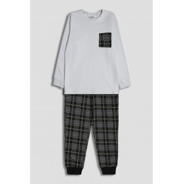 Pijama lunga de bumbac - Alb/Gri/Verde lime