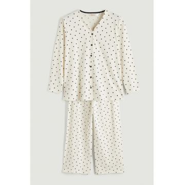Pijama lunga de bumbac cu buline - Alb murdar