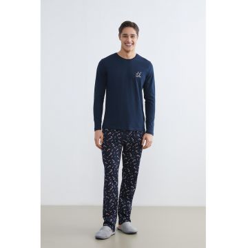 Pijama lunga de bumbac cu model de Craciun - Bleumarin