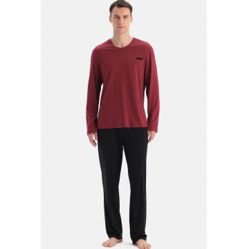 Pijama lunga din amestec de modal - Rosu/Negru