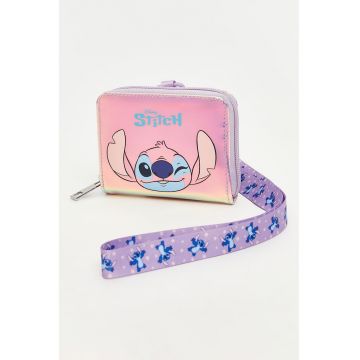 Portofel cu fermoar si bareta cu model Stitch - Roz deschis/Lila/Albastru deschis