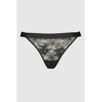 Chiloti tanga cu dantela si logo - Negru