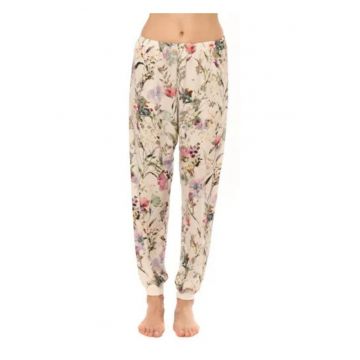 Pantaloni lungi de pijama cu model floral - Ecru