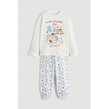 Pijama cu maneci lungi si imprimeu grafic - Alb/Albastru pastel