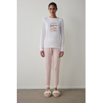Pijama cu maneci lungi si model - Alb/Roz pal/Negru