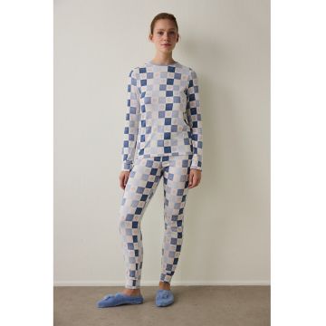 Pijama cu pantaloni lungi - croiala slim-fit si model in carouri - Alb/Albastru