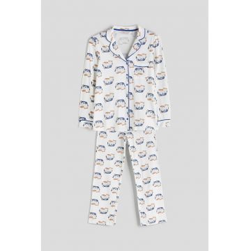 Pijama cu pantaloni lungi din bumbac si imprimeu - Alb/Maro/Albastru inchis