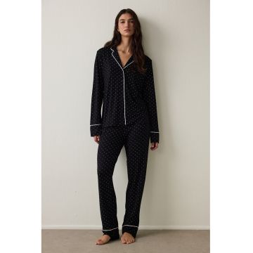 Pijama cu pantaloni lungi si buline - Alb/Negru