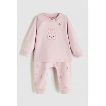Pijama din amestec de bumbac cu imprimeu - Roz pastel