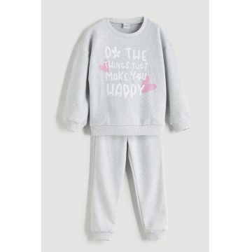 Pijama din amestec de bumbac cu imprimeu text - Alb/Gri deschis melange/Roz