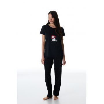 Pijama din bumbac cu imprimeu - Negru