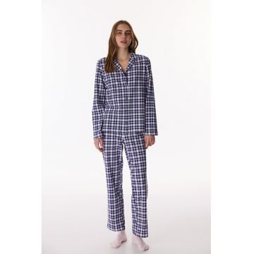 Pijama din bumbac cu maneci lungi si model in carouri - Albastru pastel/Roz deschis