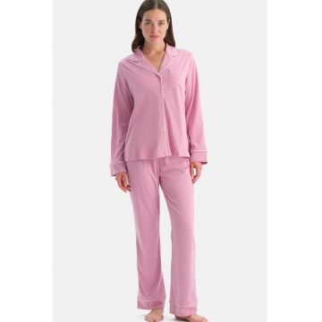 Pijama din bumbac si modal cu maneci lungi si buzunar aplicat - Roz pastel