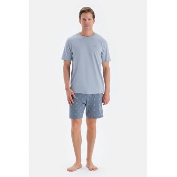 Pijama din bumbac si modal cu maneci scurte - Gri deschis