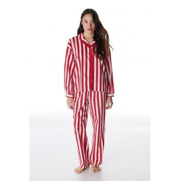 Pijama lunga din bumbac cu model in dungi - Rosu/Alb