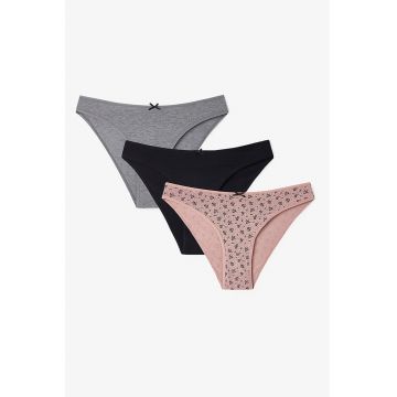 Set de chiloti brazilieni - 3 perechi - Negru/Roz somon/Gri melange