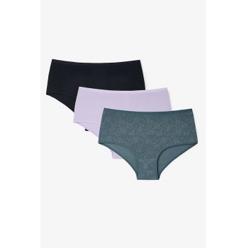 Set de chiloti cu talie inalta - 3 perechi - Negru/Verde inchis/Lila