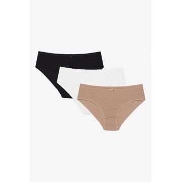 Set de chiloti hipster - 3 Perechi - Alb/Negru/Bej inchis