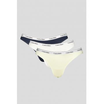 Set de chiloti tanga cu banda logo elastica in talie - 3 perechi - Alb fildes/Galben pal/Bleumarin