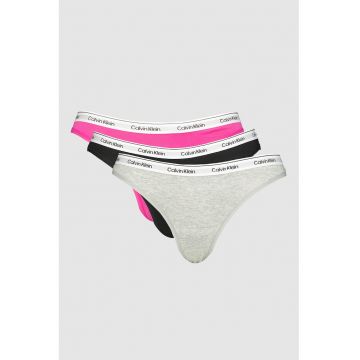 Set de chiloti tanga cu banda logo elastica in talie - 3 perechi - Negru/Gri deschis/Fucsia