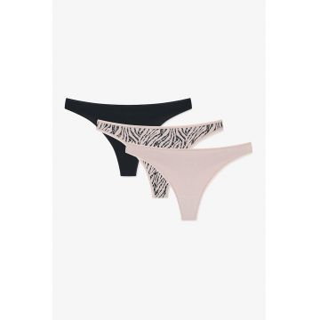 Set de chiloti tanga din amestec de bumbac - 3 perechi - Negru/Bej