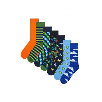 Set de sosete unisex cu imprimeu - 7 perechi - Albastru ultramarin/Portocaliu mandarina/Verde feriga