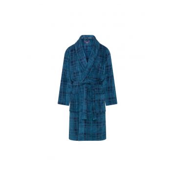 Halat barbatesc  in carouri - fleece - 2 buzunare - albastru