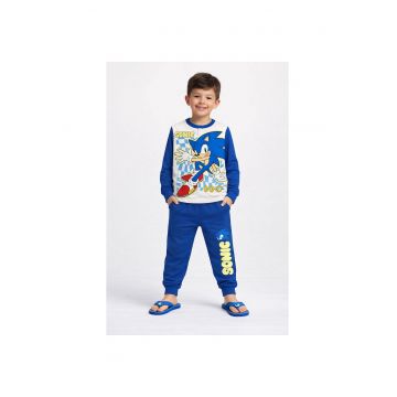 Pijama cu imprimeu cu desene animate si decolteu la baza gatului - Albastru