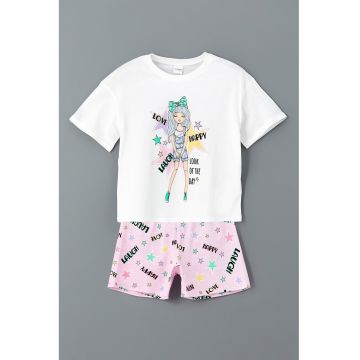 Pijama cu model grafic si pantaloni scurti - Alb/Verde/Roz