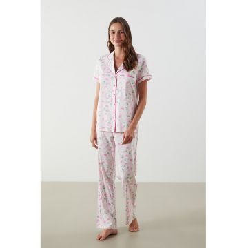 Pijama cu nasturi si model floral - Alb/Verde/Roz