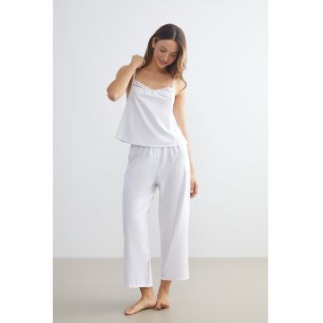 Pijama cu pantaloni lungi si top cu bretele inguste - Alb