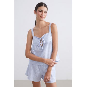 Pijama cu pantaloni scurti - dungi si prindere cu snururi - Albastru pastel