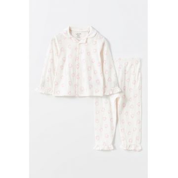 Pijama cu talie elastica si model - Alb fildes/Roz pal