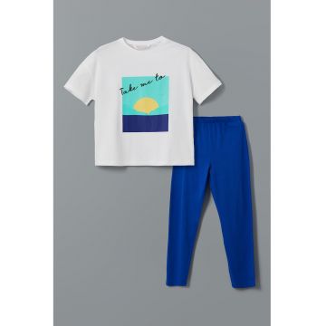 Pijama din bumbac cu imprimeu - Alb/Albastru royal