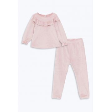 Pijama din material fleece cu guler cu volan - Roz prafuit