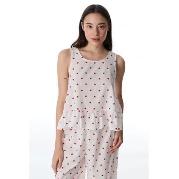 Pijama fara maneci cu model cu inimi - Rosu/Alb