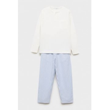 Pijama lunga cu decolteu la baza gatului si model in dungi - Alb/Albastru